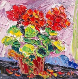 RED GERANIUMS ON PINK