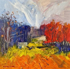 BARN WITH RED TREES