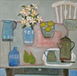 WHITE FLOWERS IN BLUE POT