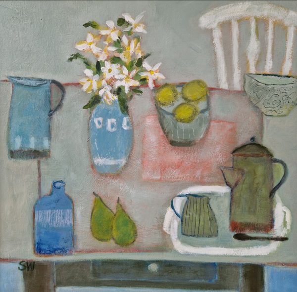 WHITE FLOWERS IN BLUE POT