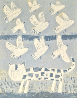 CAT WITH STARTLED BIRDS