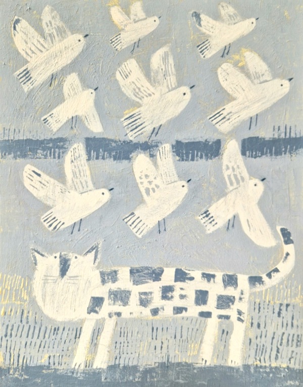 CAT WITH STARTLED BIRDS