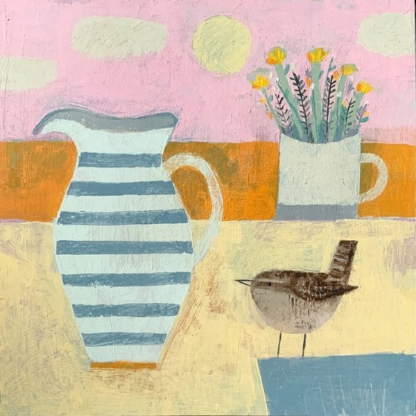 STRIPY JUG WITH WREN