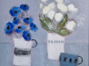 BLUE FLOWERS IN A STRIPED POT