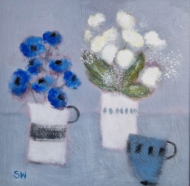 BLUE FLOWERS IN A STRIPED POT