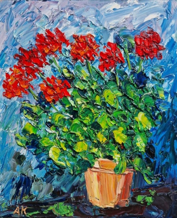 RED GERANIUMS, ON BLUE
