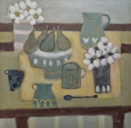 WHITE FLOWERS IN A BLACK JAR