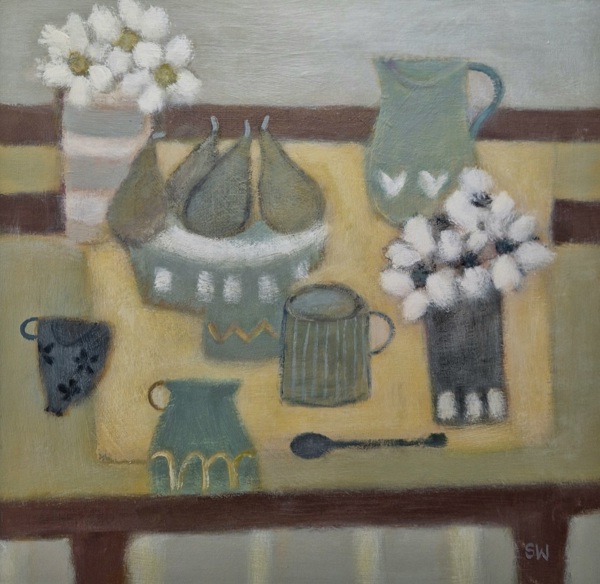 WHITE FLOWERS IN A BLACK JAR